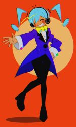 1girl ^_^ absurdres aqua_hair blue_coat bow bowtie closed_eyes coat dark-skinned_female dark_skin detached_hair full_body grin hatsune_miku headphones highres leg_up red_background short_twintails smile solo static_(vocaloid) tailcoat twintails vocaloid yellow_bow yellow_bowtie yumedeaou01