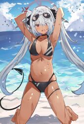 1girl anger_vein armpits arms_behind_head barefoot beach bikini black_bikini blue_archive blue_sky breasts cloud commentary_request dark-skinned_female dark_skin day demon_tail eyewear_on_head facial_mark grey_hair halo highres iori_(blue_archive) iori_(swimsuit)_(blue_archive) kneeling long_hair looking_at_viewer medium_breasts navel ocean official_alternate_costume open_mouth outdoors purple_halo red_eyes sky solo sunglasses swimsuit tail the_olphy toes twintails very_long_hair