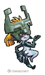 Rule 34 | 1girl, aftersex, artist name, ass, back, black skin, body markings, breasts, closed mouth, colored sclera, colored skin, completely nude, cum, cum in pussy, cum on ass, cum on body, cumdrip, demon girl, female focus, from behind, full body, grey headwear, half-closed eyes, hand up, happy, helmet, leg up, licking lips, looking at viewer, looking back, medium hair, midna, multicolored skin, neon trim, nintendo, nipples, nude, one eye covered, orange hair, outline, pixel art, pointy ears, ponytail, pussy, red eyes, rockthebull, simple background, small breasts, smile, solo, standing, standing on one leg, the legend of zelda, the legend of zelda: twilight princess, tongue, tongue out, transparent background, twitter username, two-tone skin, uncensored, watermark, white outline, white skin, yellow sclera
