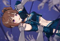 1girl breasts brown_hair choker crop_top crop_top_overhang detached_sleeves dress gloves hair_behind_ear idolmaster idolmaster_million_live! idolmaster_million_live!_theater_days kamille_(vcx68) long_hair looking_at_viewer midriff_peek navel purple_eyes side_ponytail sidelocks skirt small_breasts solo stomach yokoyama_nao
