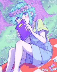 1boy absurdres antenna_hair artist_name barefoot basil_(headspace)_(omori) basil_(omori) blue_overalls blush book checkered_blanket colored_skin flower green_eyes green_hair green_shirt head_wreath highres holding holding_book looking_at_viewer male_focus omori overall_shorts overalls picnic_blanket scrapbook shirt short_hair short_sleeves shxro524 sitting solo t-shirt tree watermark white_skin