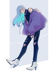 1boy absurdres akasuzu3641 bare_shoulders black_pants blue_eyes blue_hair cardigan denim full_body grin heterochromia high_heels highres jeans jujutsu_kaisen leaning_forward long_hair low-tied_long_hair mahito_(jujutsu_kaisen) male_focus pants purple_cardigan shirt shoes sleeveless sleeveless_shirt smile stitched_arm stitched_face stitches torn_clothes torn_jeans torn_pants white_shoes yellow_eyes