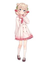 1girl asumi_shuo black_shoes blonde_hair blue_eyes braid child closed_mouth collared_dress crossed_bangs dot_nose double-parted_bangs double_bun dress flat_chest frilled_dress frills full_body gradient_hair green_ribbon hair_bun hair_ribbon hand_up highres kneehighs light_blush light_frown looking_at_viewer low_twin_braids mary_janes medium_hair multicolored_hair neckerchief pink_hair pink_neckerchief pleated_dress ribbon shiromikan shoes short_dress simple_background sleeves_past_wrists socks solo standing transparent_background twin_braids voicepeak white_dress white_socks
