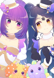 Rule 34 | 2girls, absurdres, bad id, bad pixiv id, black gloves, black hat, blue hair, blunt bangs, blush, braid, braided bangs, closed mouth, garara s leep, gloves, hanazono shuka, hat, head chain, headphones, highres, idol clothes, idol time pripara, jewelry, long hair, looking at another, mini hat, multiple girls, n (m ohkamotoh), pakku (pripara), ponytail, powan (pripara), pretty series, pripara, puffy short sleeves, puffy sleeves, purple eyes, purple hair, short sleeves, smile, twintails, upper body, very long hair, white background, white hat, yellow eyes