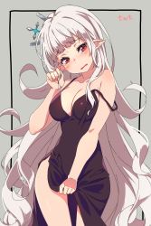 1girl absurdres black_dress blunt_bangs breasts cleavage commission crying crying_with_eyes_open dress dress_tug dungeon_and_fighter flipped_hair grey_background hair_ornament head_tilt highres large_breasts long_dress long_hair original pointy_ears red_eyes sando_(dukedevil) simple_background solo strap_slip tears very_long_hair white_hair