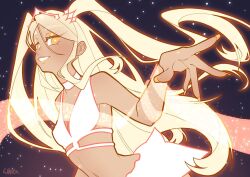 +_+ 1girl bare_shoulders black_background blonde_hair bra bright_pupils choker commentary cowboy_shot enchantix english_commentary eyeshadow floating_clothes floating_hair flower_skirt glowing grin hair_ornament happy highres light_blush light_particles lipstick long_hair magic magical_girl makeup miniskirt nail_polish navel outstretched_hand pink_lips sidelocks signature simple_background skirt smile solo star-shaped_pupils star_(symbol) star_hair_ornament stella_(winx_club) stomach symbol-shaped_pupils tan tiara transformation two_side_up underwear very_long_hair white_pupils wikate winx_club yellow_eyes yellow_eyeshadow yellow_nails