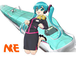 Rule 34 | 1girl, aqua eyes, aqua hair, female focus, hatsune miku, headphones, high-speed train, jumping, long hair, md5 mismatch, open mouth, pencil skirt, shoes, skirt, smile, solo, tessai, train, train attendant, travel attendant, twintails, uniform, vocaloid