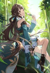 1girl absurdres bamboo bare_shoulders blunt_bangs breasts brown_eyes brown_hair dango detached_sleeves dress eating food hair_rings high_heels highres holding holding_food honkai_(series) honkai_impact_3rd li_sushang li_sushang_(peregrine_sword) long_hair long_sleeves looking_at_viewer looking_back outdoors red_pupils sanshoku_dango sitting solo uehara_suiyo very_long_hair wagashi