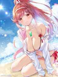 1girl bare_shoulders beach bikini breasts chest_jewel cleavage core_crystal_(xenoblade) glimmer_(xenoblade) high_ponytail highres large_breasts long_hair navel ponytail red_hair solo swept_bangs swimsuit ui_frara xenoblade_chronicles_(series) xenoblade_chronicles_3 xenoblade_chronicles_3:_future_redeemed
