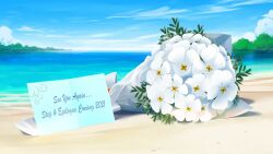 beach blue_sky bouquet cloud cloudy_sky english_text flower highres horizon no_humans non-web_source ocean official_art our_life:_beginnings_and_always outdoors poppy_(flower) sky tree