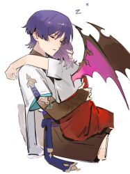 2boys arm_on_another&#039;s_shoulder black_bridal_gauntlets black_shorts blue_sleeves blunt_ends bridal_gauntlets carrying carrying_person closed_eyes closed_mouth dragon_wings durin_(genshin_impact) eyelashes facing_to_the_side fingernails furisode genshin_impact gold_ring hand_in_another&#039;s_hair hand_on_another&#039;s_back head_on_another&#039;s_shoulder highres humanization japanese_clothes kimono layered_sleeves middle_ring mini_durin_(genshin_impact) multiple_boys pink_wings purple_hair purple_sash sash scaramouche_(genshin_impact) short_sleeves shorts sleeping spiked_wings spoilers wanderer_(genshin_impact) wfleow white_background white_sleeves wings zzz