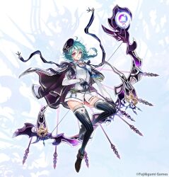 1girl abaris_(phantom_of_the_kill) arrow_(projectile) ayi belt black_belt black_footwear black_hat black_thighhighs blue_necktie bow_(weapon) braid cloak collared_shirt dress_shirt floating_cape floating_hair full_body green_hair hair_between_eyes hat holding holding_arrow holding_bow_(weapon) holding_weapon huge_weapon looking_at_viewer low_ponytail necktie official_art orb oversized_clothes oversized_shirt phantom_of_the_kill ponytail purple_cloak purple_eyes second-party_source shirt short_shorts shorts simple_background solo thighhighs thighs two-sided_cloak two-sided_fabric weapon white_cloak white_shirt