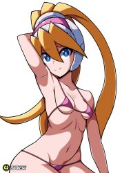 1girl artist_name bikini blonde_hair blue_eyes breasts ciel_(mega_man) covered_erect_nipples cowboy_shot godichi high_ponytail highres long_hair mega_man_(series) mega_man_zero_(series) pink_bikini ponytail simple_background small_breasts solo swimsuit white_background