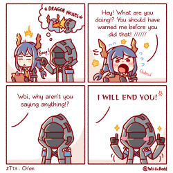 1girl 1other 4koma ambiguous_gender anger_vein arknights black_coat black_jacket blue_hair blush blush_stickers breath_weapon breathing_fire ch&#039;en_(arknights) coat comic commentary doctor_(arknights) dragon_horns english_commentary english_text fire highres hood hood_up hooded_coat hooded_jacket horns jacket long_hair necktie pointing poking shirt sparkle speech_bubble thought_bubble twitter_username wittle_red yellow_necktie