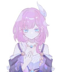 1girl bare_shoulders blue_eyes bra_strap colored_eyelashes commentary_request cyrene_(honkai:_star_rail) dress hair_ribbon highres honkai:_star_rail honkai_(series) jewelry long_sleeves looking_at_viewer medium_hair necklace off-shoulder_dress off_shoulder pink_hair purple_dress ribbon sakura_(yu3t_t) simple_background smile solo upper_body white_background white_ribbon