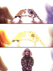 2girls animal_ears cat_girl dog_ears food frostiii fusion fusion_dance highres hololive hololive_gamers inugami_korone jacket listener_(inugami_korone) meme multiple_girls nekomata_okayu onigiri onigirya_(nekomata_okayu) supreme_(brand) virtual_youtuber