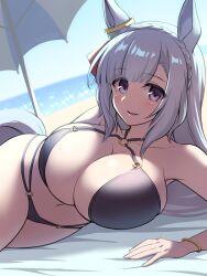 1girl animal_ears beach beach_umbrella bikini black_bikini blue_hair blue_sky braid breasts cloud criss-cross_halter crown_braid day halterneck highres horizon horse_ears horse_girl horse_tail large_breasts lying mejiro_ardan_(umamusume) multi-strapped_bikini_bottom o-ring o-ring_bikini ocean on_side outdoors pataneet purple_eyes sky solo swimsuit tail umamusume umbrella