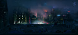 1boy artist_name black_hair blue_shirt child chinese_commentary city commentary_request fog from_behind green_shirt highres holding holding_toy industrial long_sleeves night night_sky original outdoors railing rooftop shirt short_hair sky solo standing striped_clothes striped_shirt toy two-tone_shirt very_wide_shot watermark zimuyu_zim