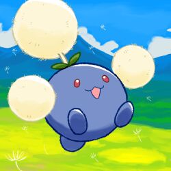 :3 animal_focus blue_sky cloud dandelion_seed day floating full_body gen_2_pokemon grass happy jumpluff monya mountainous_horizon nintendo no_humans open_mouth outdoors pokemon pokemon_(creature) sky smile solo