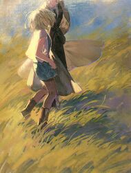 Rule 34 | 1boy, 1girl, black boots, black jacket, black necktie, black pants, blonde hair, blue overalls, boots, brown coat, coat, collared shirt, day, denim overalls, doctor who, eyes out of frame, grass, head out of frame, highres, jacket, looking at another, necktie, outdoors, overalls, pants, pink shirt, pudding49500, rose tyler, shirt, short hair, short sleeves, smile, suit jacket, t-shirt, tenth doctor (doctor who), the doctor (doctor who), trench coat, walking, white shirt