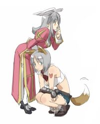 2girls animal_ears belt bikini bikini_top_only black_shoes blue_eyes blue_shorts brown_belt closed_mouth commentary_request dress fox_ears fox_girl fox_tail full_body grey_hair head_wings heart heart_tattoo high_priest_(ragnarok_online) juliet_sleeves long_hair long_sleeves looking_afar looking_at_viewer mary_janes meranie multiple_girls pink_dress puffy_sleeves ragnarok_online shoes short_hair short_shorts shorts shoulder_tattoo simple_background squatting swimsuit tail tattoo thighhighs two-tone_dress white_background white_bikini white_dress white_thighhighs white_wings whitesmith_(ragnarok_online) wings