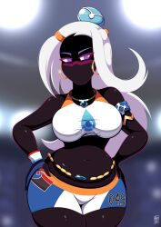 1girl andro_juniarto blurry blurry_background breasts commentary cosplay curvy dark-skinned_female dark_skin duck_dodgers earrings english_commentary gym_uniform hands_on_own_hips highres hoop_earrings jewelry looking_at_viewer looney_tunes medium_breasts necklace nessa_(pokemon) nessa_(pokemon)_(cosplay) nintendo no_mouth plump pokemon pokemon_swsh queen_tyr&#039;ahnee short_shorts shorts signature solo sports_bra stained_clothes white_hair white_sports_bra wide_hips