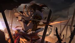 1boy armband warrior_of_light_(ff14) brown_eyes brown_hair chinese_commentary clenched_teeth cloud commentary_request dark_clouds facial_hair final_fantasy final_fantasy_xiv floating_hair fur_trim furrowed_brow hien_rijin high_ponytail highres holding holding_sword holding_weapon jiecaoxiong light_particles long_hair male_focus muscular muscular_male original ponytail single_bare_shoulder solo sword teeth torn_clothes weapon wristband