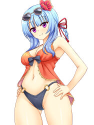 1girl bare_shoulders blue_hair breasts downturned_eyes eyewear_on_head flower hair_flower hair_ornament hand_on_own_hip highres iris_mysteria! navel olivie_cromwright purple_eyes red_ribbon ribbon smile standing sunglasses swimsuit tamba_i thighs white_background