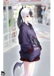 1girl absurdres artist_logo black_hair black_hoodie black_horns blue_archive blurry blurry_background closed_mouth commentary demon_horns ear_piercing hair_between_eyes halo hands_in_pockets highres hood hoodie horns kayoko_(blue_archive) logo long_sleeves looking_at_viewer multicolored_hair piercing pillarboxed plaid_clothes plaid_skirt pleated_skirt ponytail purple_wings red_eyes red_skirt sidelocks single_wing skirt solo standing two-tone_hair white_hair wings xiye_(hmrr2738)