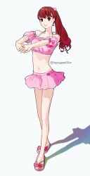 Rule 34 | 1girl, absurdres, artist name, bare shoulders, bikini, bikini skirt, bow, full body, hair bow, highres, long hair, looking at viewer, navel, persona, persona 5, persona 5 the royal, pink bikini, pink bow, pink sandals, pink skirt, ponytail, red eyes, red hair, reonzeee0120, sandals, shadow, simple background, skirt, solo, stretching, swimsuit, white background, yoshizawa kasumi