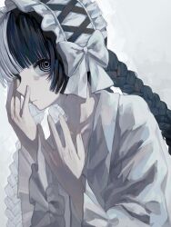 1girl black_eyes black_hair blunt_bangs bow braid collarbone cross-laced_clothes dress expressionless finger_to_eye frilled_hairband frilled_sleeves frills from_side hair_bow hairband hands_up highres long_hair long_sleeves looking_at_viewer looking_to_the_side low-cut multicolored_hair ninomae_(nnme_618) original pale_skin portrait ringed_eyes simple_background solo split-color_hair twin_braids two-tone_hair white_background white_bow white_dress white_eyes white_hair white_hairband