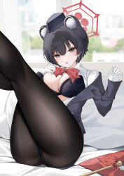 1girl absurdres animal_ears black_bra black_hair black_pantyhose blue_archive blurry blurry_background bob_cut bow bowtie bra breasts cleavage collared_shirt commentary gloves grey_eyes grey_jacket hair_between_eyes halo highres indoors jacket lace lace_bra lapels large_breasts legs_up long_sleeves looking_at_viewer notched_lapels off_shoulder official_alternate_costume open_clothes open_mouth open_shirt panties panties_under_pantyhose pantyhose raccoon_ears raccoon_girl red_bow red_bowtie red_halo shirt short_hair sitting solo tsubaki_(blue_archive) tsubaki_(guide)_(blue_archive) underwear white_gloves white_shirt yukineko1018