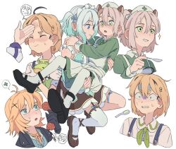 4girls addendium apron aqua_eyes aqua_hair aqua_shirt black_jacket black_shoes blonde_hair brown_hair collared_shirt cropped_torso dokibird_(vtuber) dooby_(vtuber) dress frills full_body gradient_hair green_eyes green_necktie green_shirt hat henya_the_genius henya_the_genius_(1st_costume) highres holding holding_phone image_in_speech_bubble indie_virtual_youtuber jacket kippu_(dooby) maid_headdress medium_hair mint_fantome multicolored_hair multiple_girls multiple_views neckerchief necktie nimi_nightmare nurse_cap open_clothes open_jacket pantyhose phone shirt shoes short_hair simple_background single_thighhigh skirt speech_bubble spoon sweat thighhighs triangular_headpiece virtual_youtuber white_apron white_background white_hair white_pantyhose white_shirt white_thighhighs yellow_neckerchief