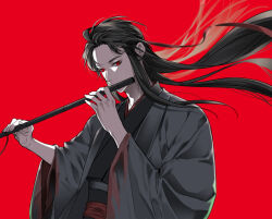 Rule 34 | 1boy, black hair, black hanfu, chinese clothes, coat, dizi, floating hair, flute, grey coat, hair down, hair ribbon, half updo, hanfu, holding, holding flute, holding instrument, instrument, long hair, long sleeves, looking at viewer, looking down, male focus, modao zushi, music, official alternate costume, official alternate hairstyle, playing flute, playing instrument, red background, red eyes, red ribbon, ribbon, robe, sash, simple background, solo, transverse flute, upper body, very long hair, wei wuxian, wei wuxian (yiling laozu), wide sleeves, ykmr (haga)