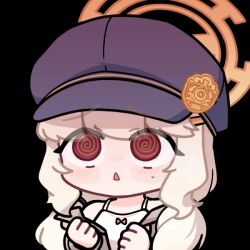 1girl @_@ acomu414 animated animated_gif aoba_(blue_archive) blonde_hair blue_archive blue_hat bow_camisole camisole commentary_request grey_shirt halo hat korean_commentary low_twintails newsboy_cap open_mouth peaked_cap red_eyes shirt simple_background solo transparent_background twintails upper_body white_camisole yellow_halo