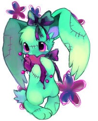 Rule 34 | :3, animal focus, bow, bowtie, choko (sweetpocket), commentary request, droopy ears, flower, full body, furrowed brow, green fur, hair bow, heart, highres, holding, holding heart, looking up, no humans, original, pincushion, purple bow, purple eyes, purple flower, rabbit, solo, stitches, teardrop