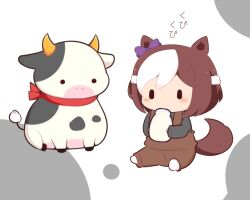 1girl animal animal_ears bottle bow brown_hair chibi commentary_request cow ear_bow gomashio_(goma_feet) grey_shirt holding holding_bottle horse_ears horse_girl horse_tail long_sleeves milk_bottle multicolored_hair no_shoes overalls purple_bow shirt sitting sleeves_past_wrists socks soles solo special_week_(umamusume) tail translation_request two-tone_hair umamusume white_background white_hair white_socks