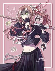 Rule 34 | 2girls, 3boys, aerith gainsborough, aerith gainsborough (midgard seventh high school), bandaged chest, bandaid, bandaid on face, black choker, black gloves, black hair, black mask, black sailor collar, black shirt, black skirt, blonde hair, blood, blood on face, blue eyes, bracelet, breasts, brown hair, character name, chibi, chibi inset, choker, cloud strife, cloud strife (midgard seventh high school), cowboy shot, crop top, crossed bandaids, delinquent, final fantasy, final fantasy vii, final fantasy vii ever crisis, flower, furrowed brow, gloves, green eyes, grey hair, grey neckerchief, hair between eyes, hair flower, hair ornament, hair ribbon, hair scrunchie, hair slicked back, highres, injury, jewelry, long hair, long skirt, long sleeves, low-tied long hair, mask, mask pull, medium breasts, midriff, mouth mask, multiple boys, multiple girls, navel, neckerchief, over shoulder, parted bangs, parted lips, pink background, red ribbon, ribbon, sailor collar, school uniform, scrunchie, sephiroth, sephiroth (ever crisis), sephiroth (shinra private academy), shiipuri, shirt, short hair, side ponytail, sidelocks, skirt, smile, spiked hair, sukeban, sweatdrop, tifa lockhart, tifa lockhart (midgard seventh high school), weapon, weapon over shoulder, white flower, wiping mouth, zack fair, zack fair (midgard seventh high school)