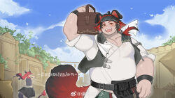 Rule 34 | 2boys, absurdres, animal ears, arknights, belly, black shirt, black vest, blue sky, box, chinese commentary, clothes around waist, cloud, commentary request, commission, dog boy, dog ears, dragon boy, dragon ears, dragon tail, fangs, fat, fat man, highres, holding, holding box, jacket, jacket around waist, lanyan yao chuan shan, lao jiang (arknights), male focus, multicolored hair, multiple boys, open clothes, open mouth, open vest, pectorals, shirt, sky, sleeveless, sleeveless shirt, tail, vest, watermark, weibo watermark, white shirt, yu (arknights)