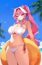 1girl absurdres animal_ears bare_shoulders bikini blue_sky blush breasts cleavage closed_mouth collarbone day groin hair_intakes highres hololive hololive_english large_breasts long_hair looking_at_viewer multicolored_hair navel orange_innertube outdoors palm_tree panther_ears panther_girl pink_hair raora_panthera sky smile solo stomach streaked_hair swimsuit thighs tree two-tone_hair virtual_youtuber weiic white_bikini white_hair yellow_eyes