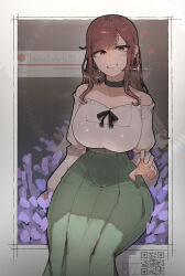 1girl aroma_lady_(pokemon) azz0422 black_choker breasts brown_eyes brown_hair choker curvy earrings flower green_skirt highres hoop_earrings jewelry large_breasts long_hair long_sleeves nintendo pokemon pokemon_oras shirt skirt smile solo teeth white_shirt wide_hips