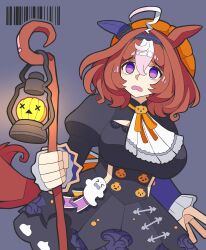 Rule 34 | 1girl, @ @, absurdres, ahoge, animal ears, ascot, black dress, breasts, brown hair, commentary, commentary request, cowboy shot, dress, ear covers, english commentary, ghost ornament, hair between eyes, highres, holding, holding staff, horse ears, horse girl, juliet sleeves, large breasts, long sleeves, looking at viewer, meisho doto (dot-o&#039;-lantern) (umamusume), meisho doto (umamusume), multicolored hair, open mouth, orange headwear, puffy sleeves, purple background, purple eyes, short hair, simple background, single ear cover, solo, soulmaster uwu, staff, streaked hair, umamusume, white ascot, white hair