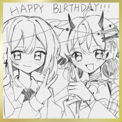 2girls ahoge arknights bandaged_neck bandages blunt_ends bob_cut bone_hair_ornament character_request check_copyright collarbone collared_jacket collared_shirt copyright_request cross cross_earrings demon_horns earrings english_text fang greyscale hair_between_eyes hair_ornament hair_ribbon hair_rings happy happy_birthday heart highres horns jacket jewelry lapels long_sleeves loose_hair_strand monochrome multiple_girls necktie notched_lapels open_clothes open_jacket photo_(medium) plaid_clothes plaid_jacket pointing pointing_up puffy_long_sleeves puffy_sleeves qianwa_shi_biao ribbon shirt short_hair silk skin_fang spider_web sweater_vest tank_top traditional_media upper_body v v-neck