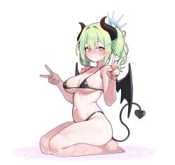 1girl :3 absurdres bare_arms bare_shoulders barefoot bikini black_bikini blue_eyes blush breasts cleavage closed_mouth commentary demon_girl demon_horns demon_tail demon_wings double_v green_hair hair_between_eyes hair_ornament hands_up highres horns korean_commentary long_hair looking_at_viewer magic_circle medium_breasts navel sangobob seiza sitting smile solo stellive stomach string_bikini sweat swimsuit tail thighs twintails v virtual_youtuber wings yuzuha_riko