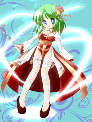 1girl arch_bishop_(ragnarok_online) bell blue_background blue_eyes blush breasts brown_shoes cleavage cleavage_cutout clothing_cutout commentary_request cross dress fishnet_thighhighs fishnets flower frilled_thighhighs frills full_body green_hair hair_bell hair_ornament highres holding holding_staff jingle_bell juliet_sleeves long_sleeves looking_at_viewer medium_breasts medium_hair no_panties open_mouth pink_flower puffy_sleeves ragnarok_online red_dress sash shoes smile solo sou_ryuu staff thighhighs two-tone_dress white_dress white_thighhighs yellow_sash