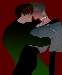 2boys absurdres alien_stage arm_around_chest black_bodysuit blood blood_on_face blood_on_neck bodysuit choker grey_hair grey_shirt highres ivan_(alien_stage) juxing_baicai_gongji_renlei male_focus multiple_boys red_background shirt short_hair simple_background till_(alien_stage) white_choker