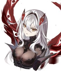 Rule 34 | 1girl, breasts, closed mouth, commentary request, cropped torso, extra ears, eye hair ornament, eyes on wings, genshin impact, grey hair, hair between eyes, hair intakes, highres, large breasts, long hair, looking at viewer, red wings, ronova (genshin impact), simple background, situki, solo, symbol-shaped pupils, very long hair, white background, wings, yellow eyes