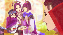 Rule 34 | arm around shoulder, arm around waist, armor, beard, black hair, breasts, brown eyes, butterfly hair ornament, choker, cleavage, facial hair, hair ornament, headband, hug, japanese clothes, jewelry, kimono, lips, lipstick, long sleeves, makeup, mole, mole under mouth, mori ranmaru, mustache, necklace, nouhime, oda nobunaga, ponytail, purple hair, sengoku musou, smile, takenaka hanbei