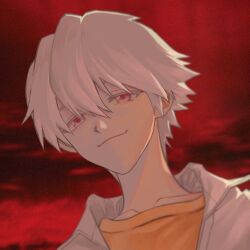 1boy blurry closed_mouth collarbone collared_shirt depth_of_field dutch_angle from_below hair_between_eyes looking_down male_focus muryo nagisa_kaworu neon_genesis_evangelion portrait red_background red_eyes shirt short_hair smile straight_hair tareme undershirt white_shirt yellow_shirt