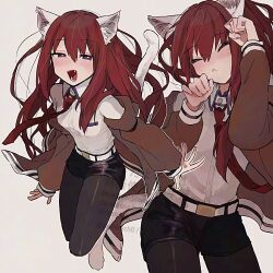1girl :&lt; animal_ear_fluff animal_ears belt black_pantyhose black_shorts brown_jacket cat_ears cat_girl cat_tail closed_eyes commentary_request cowboy_shot cropped_legs dress_shirt fangs hair_between_eyes highres jacket kemonomimi_mode long_hair looking_at_viewer makise_kurisu multiple_views necktie pantyhose pantyhose_under_shorts paw_pose purple_eyes red_hair red_necktie shirt shorts simple_background steins;gate suehiroch0 tail watermark white_background white_belt white_shirt white_tail